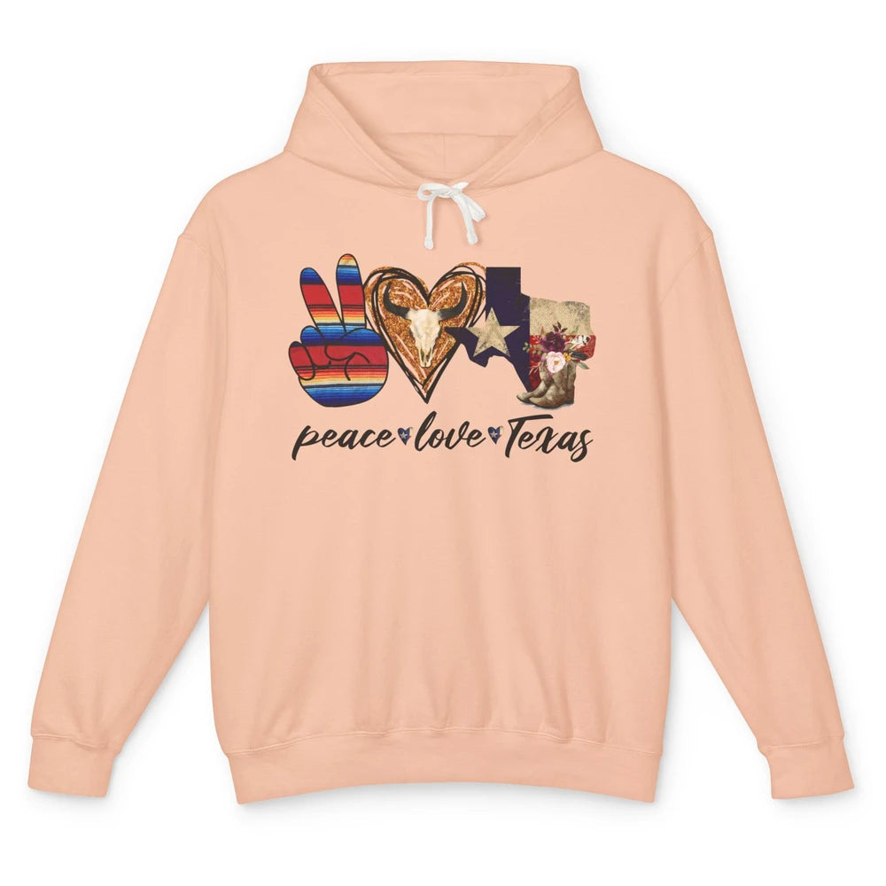 Retro Peace Love Texas Cowboy Boots Western Country Cowgirl Unisex Lightweight Hoodie