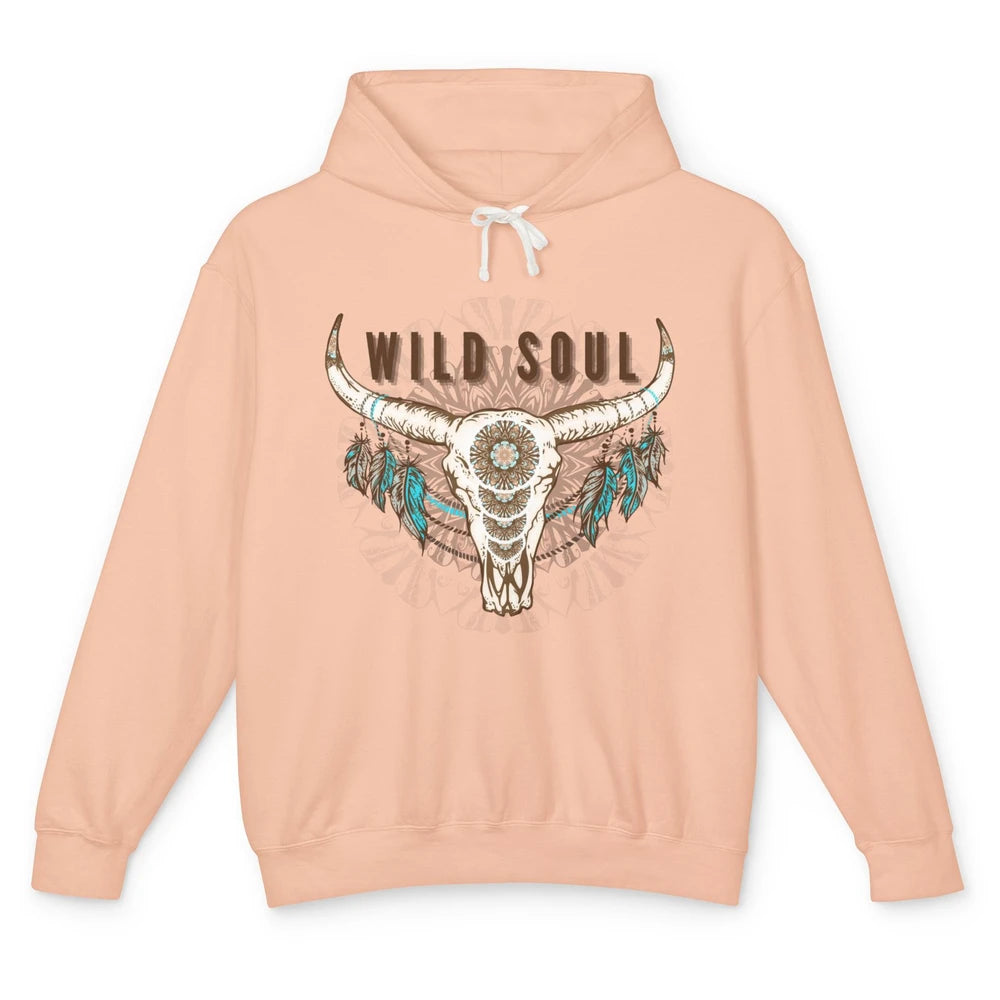 Boho Bull Skull Wild Soul Hippie Cowgirl Western Country Unisex Lightweight Hoodie