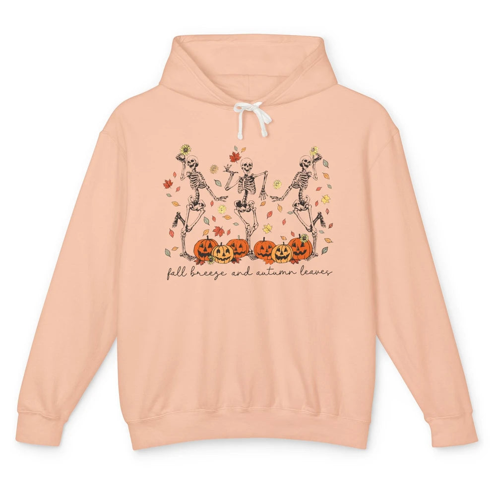 Retro Pumpkin Dancing Skeleton Fall Breeze And Autumn Leaves Unisex Lightweight Hoodie