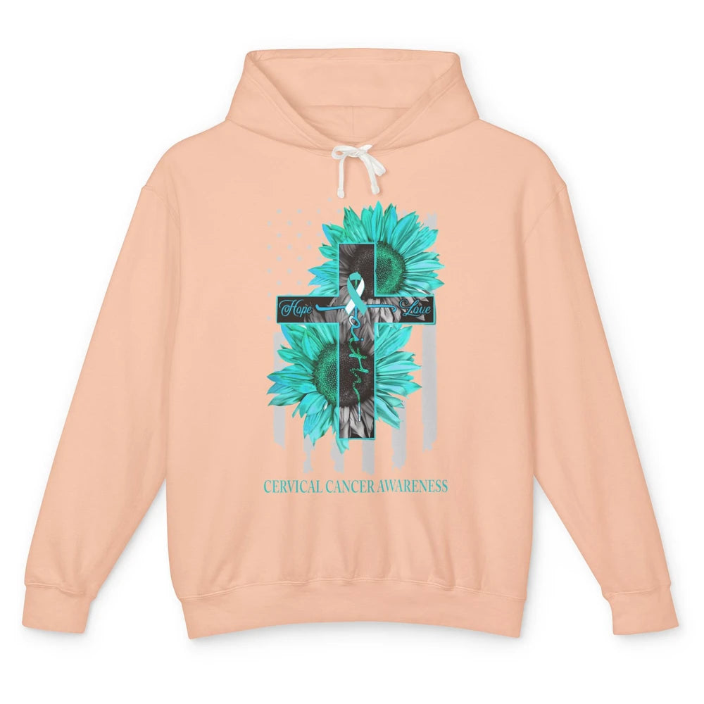 Cervical Cancer Faith Hope Turquoise US Flag Jesus Cross Unisex Lightweight Hoodie