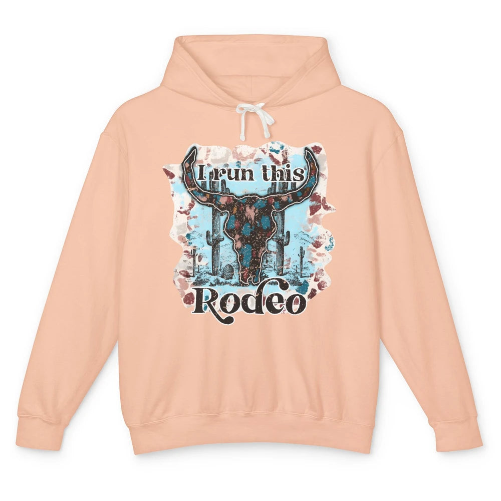 Leopard Bull Skull I Run This Rodeo Desert Cactus Western Unisex Lightweight Hoodie