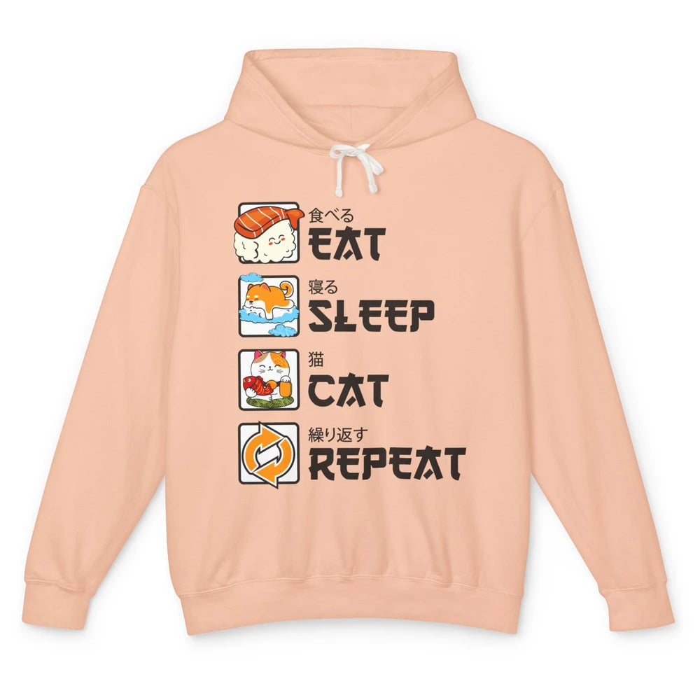 Funny Cat Neko Sushi Eat Sleep Cat Repeat Japanese Kawaii Unisex Lightweight Hoodie