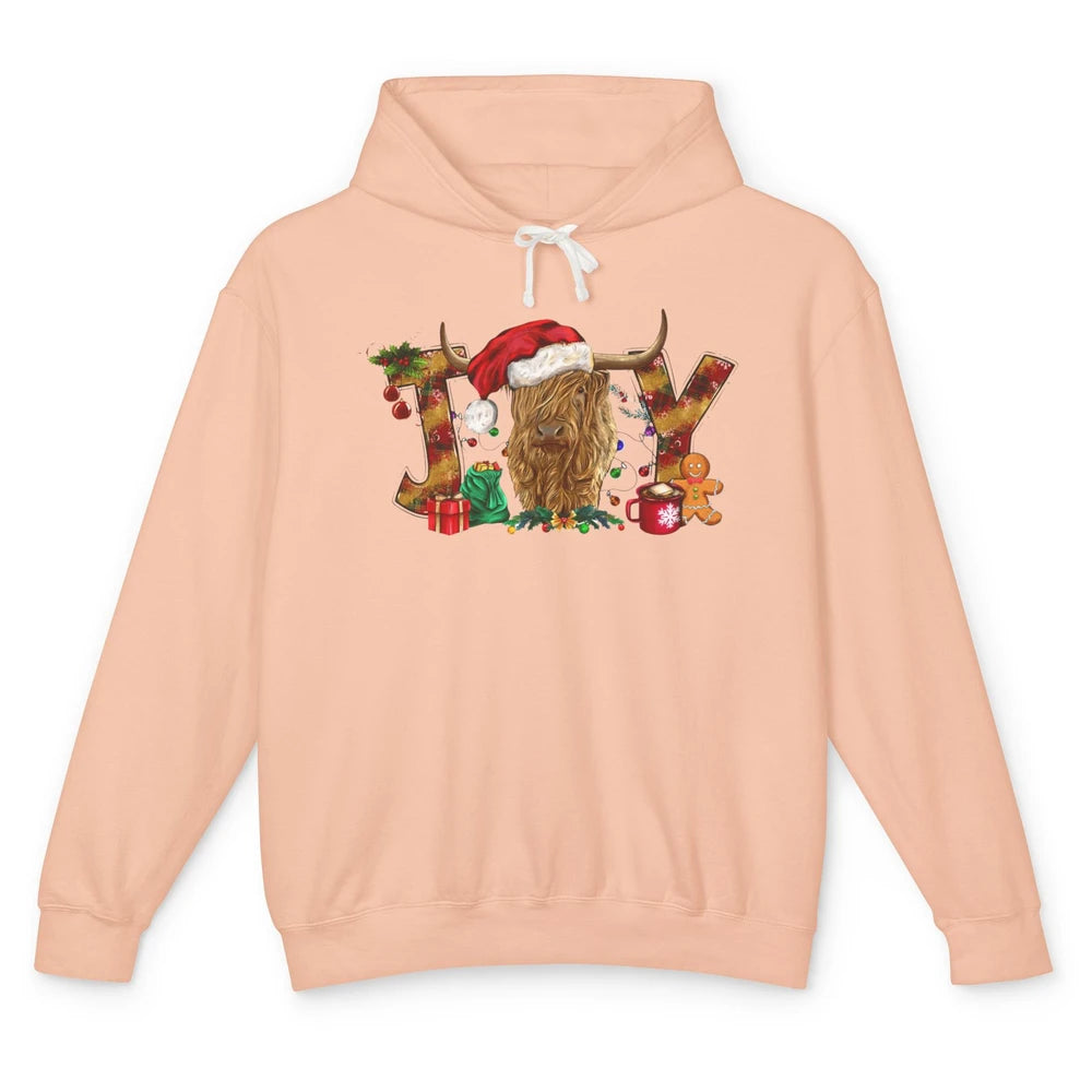 Highland Cow Joy Santa Hat Gingerbread Christmas Farm Gift Unisex Lightweight Hoodie