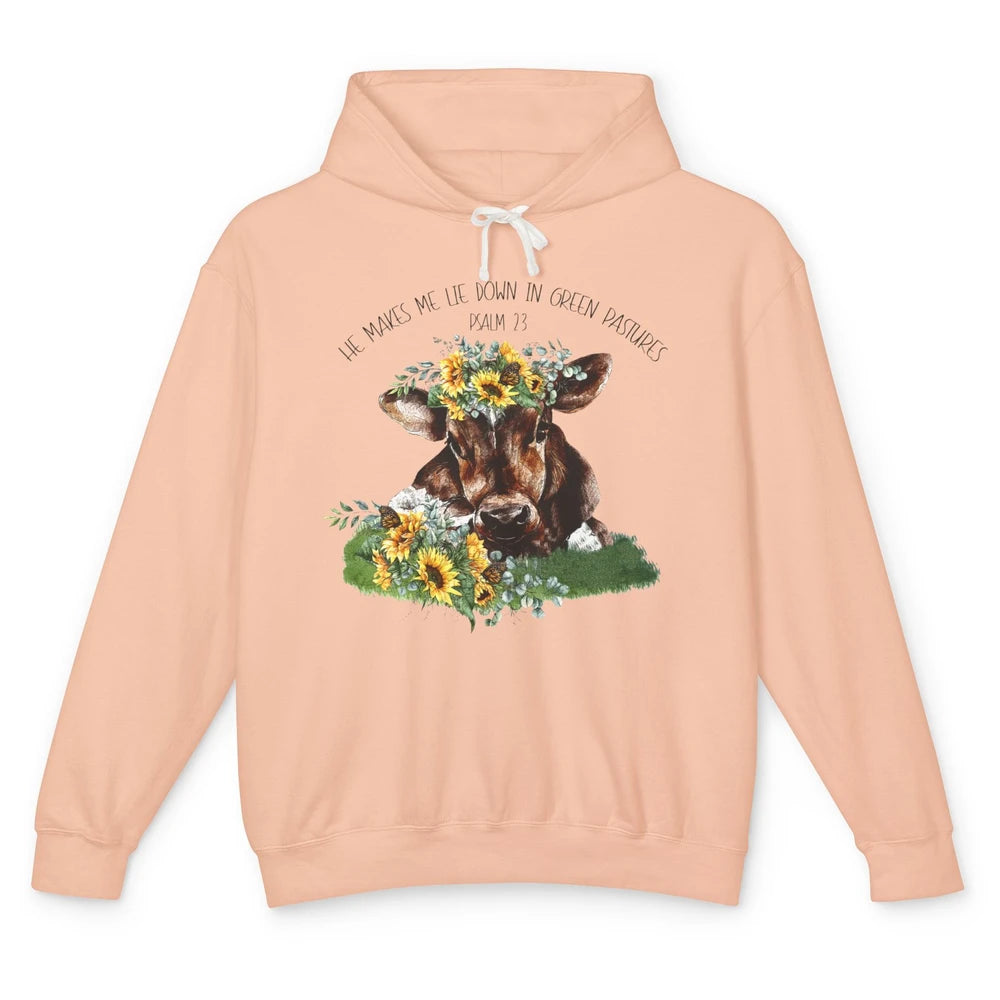 Sunflower Cow He Makes Me Lie Down In Green Pastures Bible Unisex Lightweight Hoodie