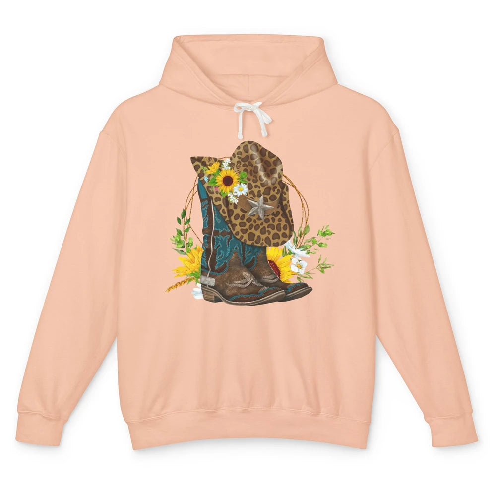 Western Floral Cowboy Boots Hat Leopard Flower Texas Vintage Unisex Lightweight Hoodie