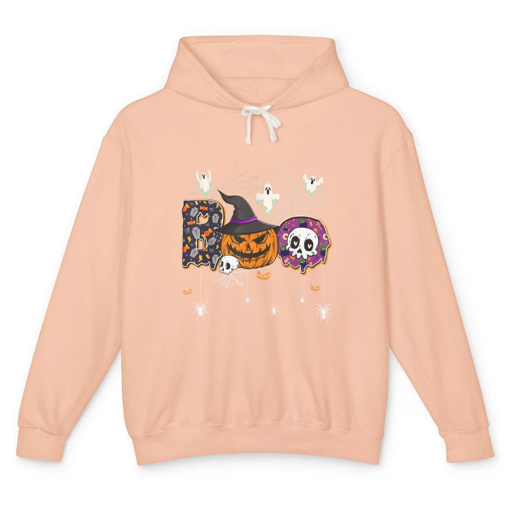 Funny Skeleton Hey Boo Witch Ghost Halloween Spooky Gothic Unisex Lightweight Hoodie