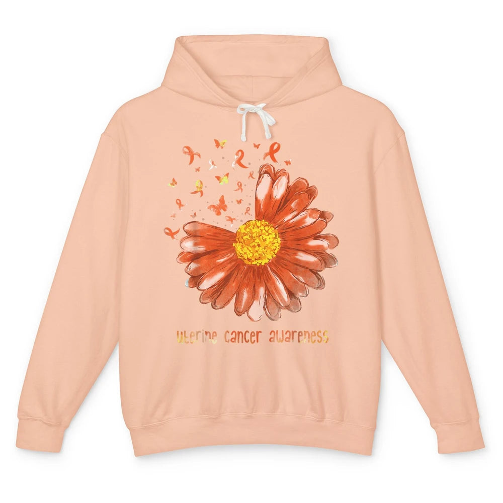 Daisy Butterfly Peach Ribbon Warrior Uterine Cancer Month Unisex Lightweight Hoodie