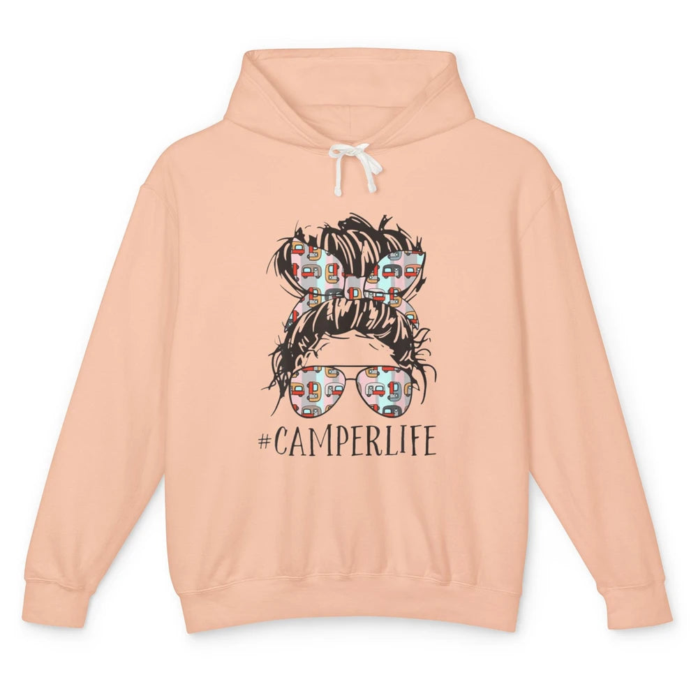 Camper Life Messy Bun Hair Mom Camping Outdoor Mothers Day Unisex Lightweight Hoodie