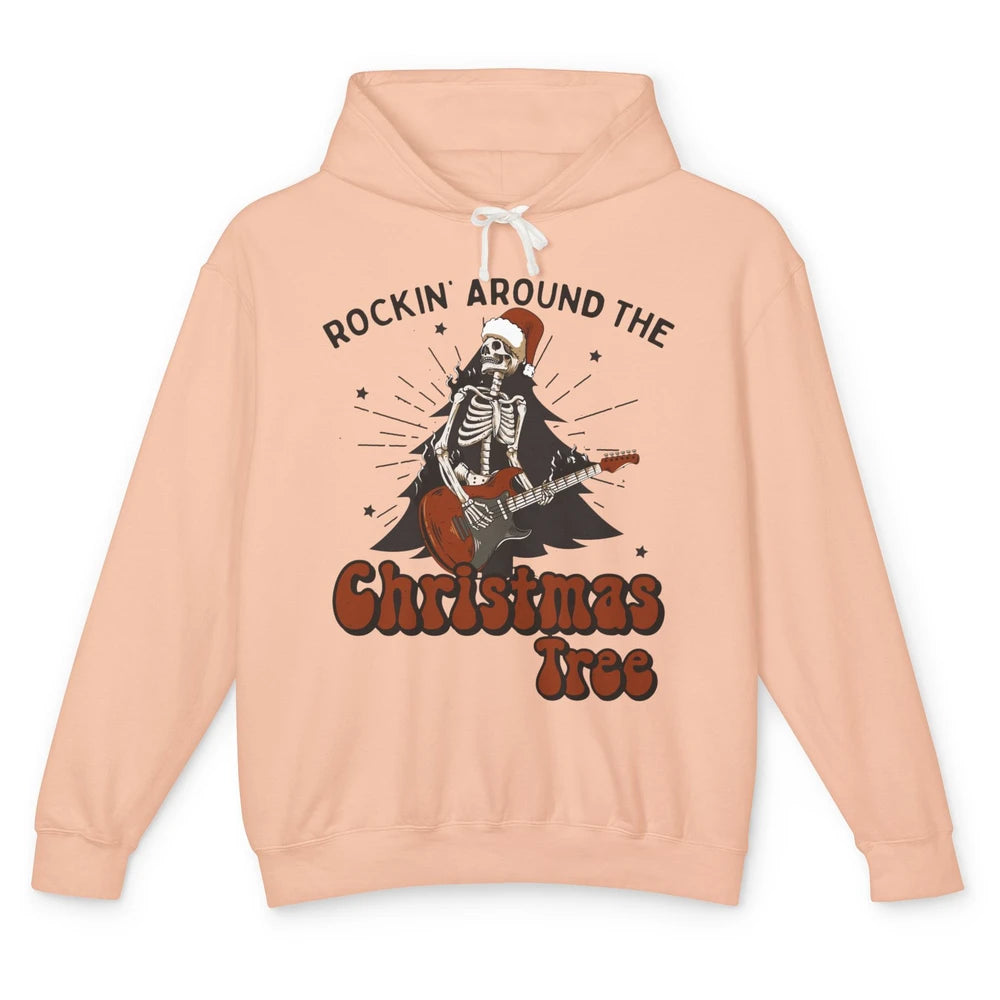 Skeleton Guitar Rocking Around Christmas Tree Western Xmas Unisex Lightweight Hoodie