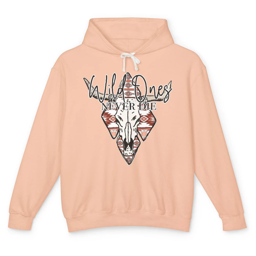 Retro Bull Skull Aztec Wild Ones Never Die Western Country Unisex Lightweight Hoodie