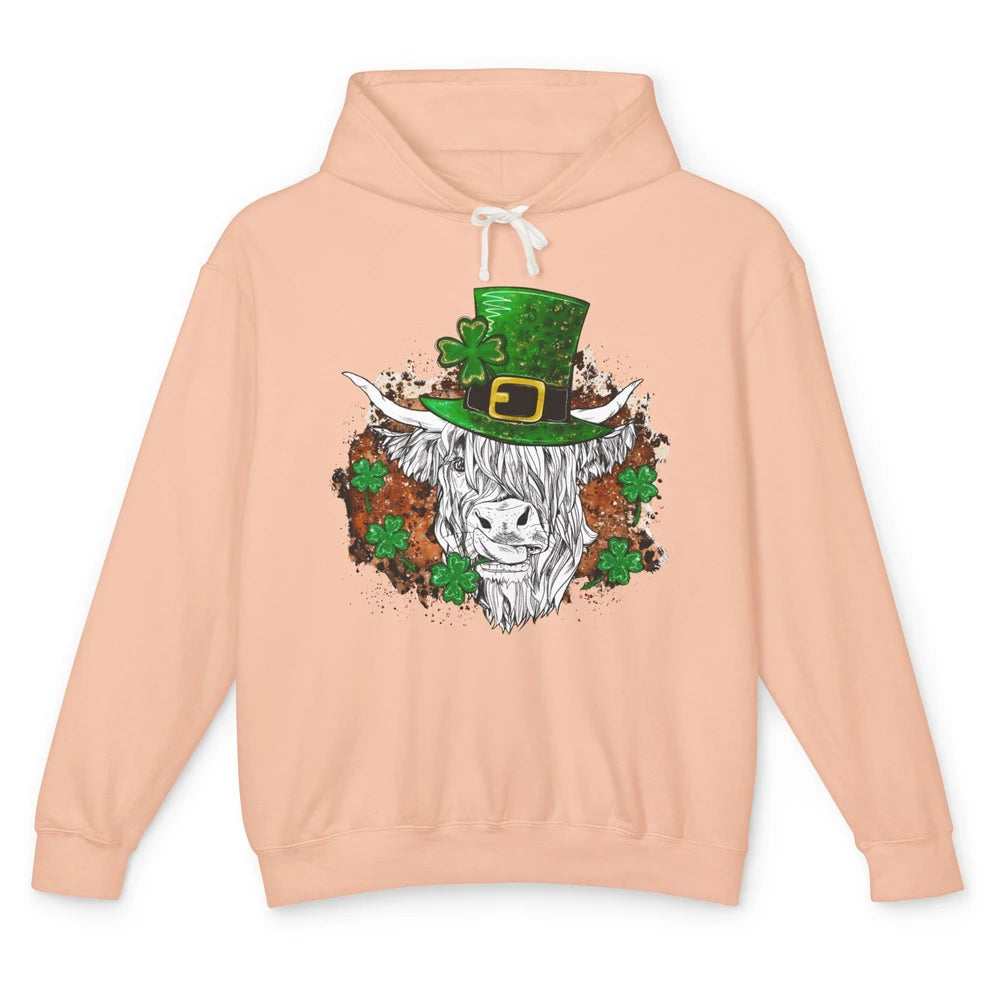 St Patrick's Day Highland Cow With Hat And Clover Shamrock Unisex Lightweight Hoodie