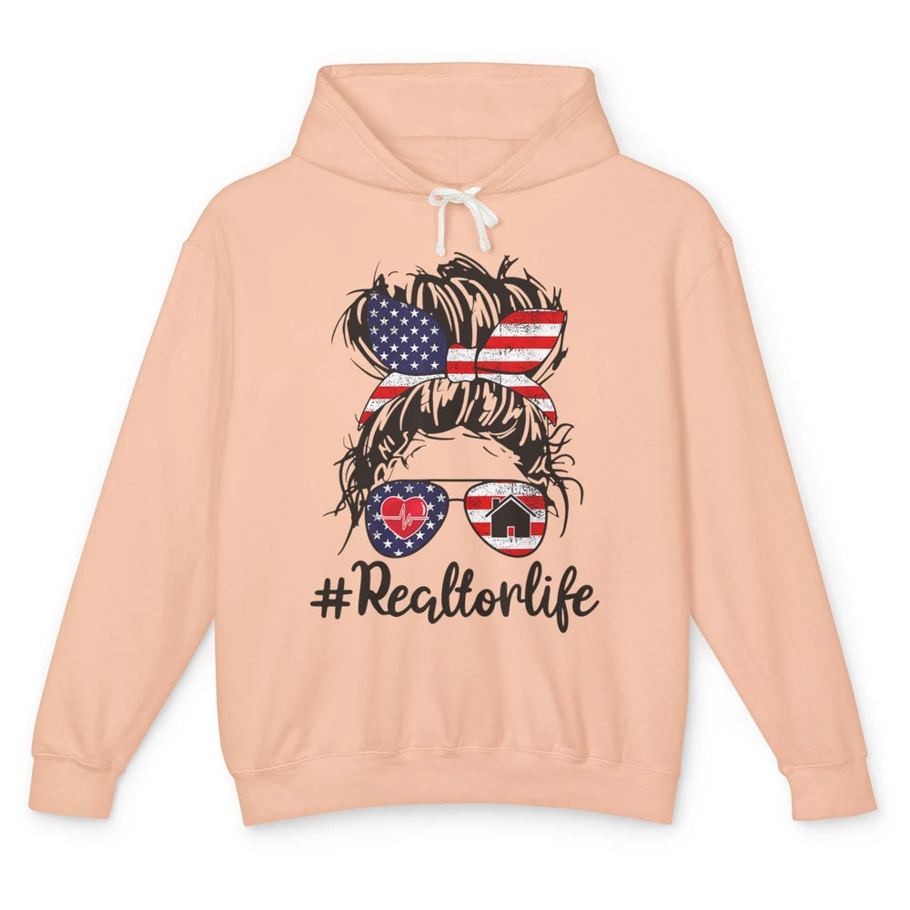 Messy Hair Bun 4th July Flag Realtor Life Real Estate Agent Unisex Lightweight Hoodie