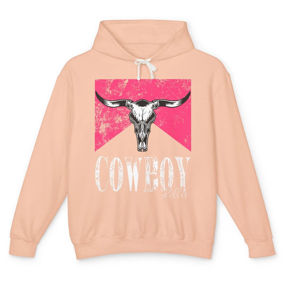 Western Cowboy Bull Skull Pink Southern Country Killer Retro Unisex Lightweight Hoodie