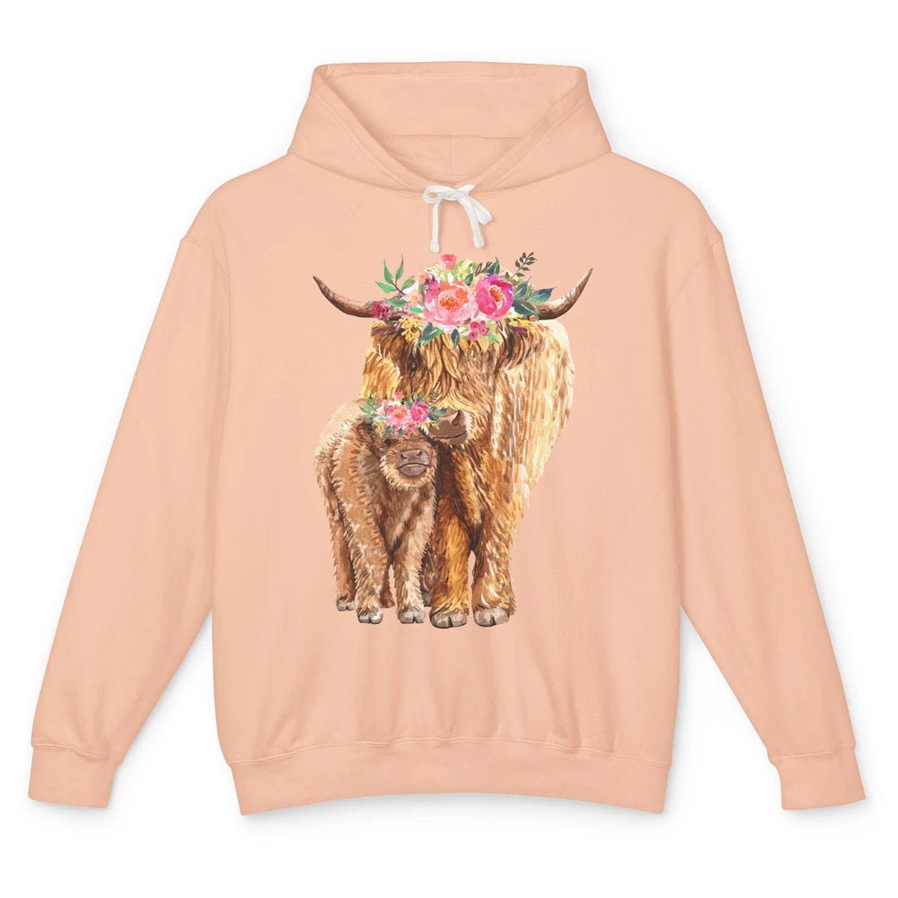 Floral Highland Cow Mom And Baby Western Country Heifer Mom Unisex Lightweight Hoodie