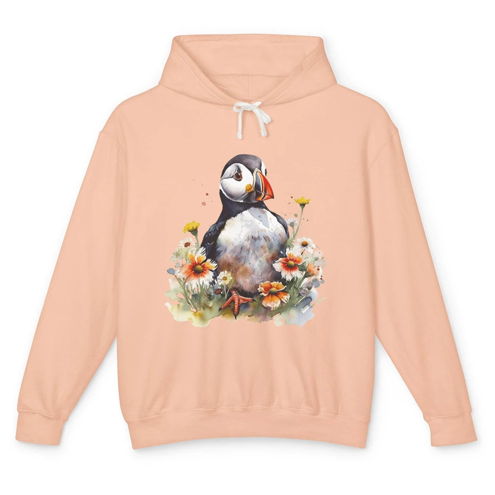 Funny Watercolor Penguin Colorful Wildflowers Field Animal Unisex Lightweight Hoodie