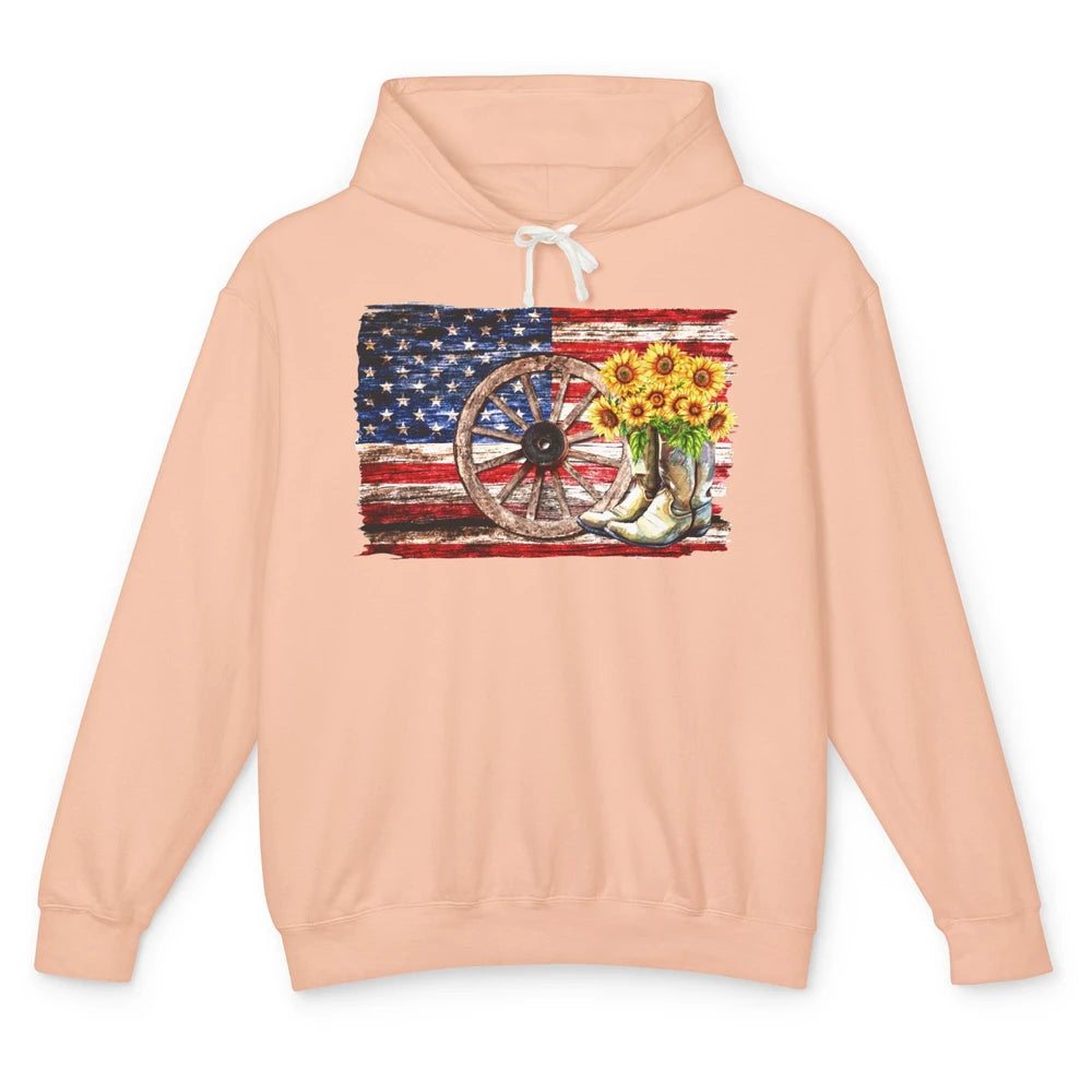 Retro US Flag Sunflower Cowgirl Boots Texas Cowboy Western Unisex Lightweight Hoodie