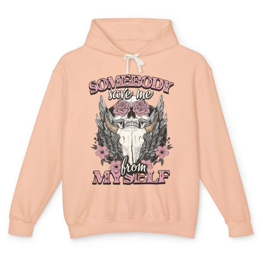 Retro Floral Bull Skull Somebody Save Me From Myself Western Unisex Lightweight Hoodie