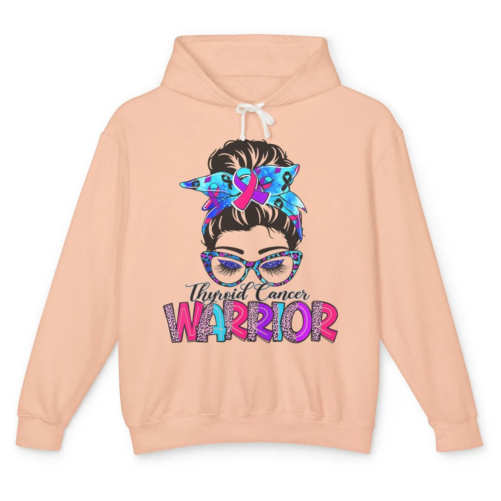 Messy Hair Bun Leopard Warrior Mom Thyroid Cancer Awareness Unisex Lightweight Hoodie