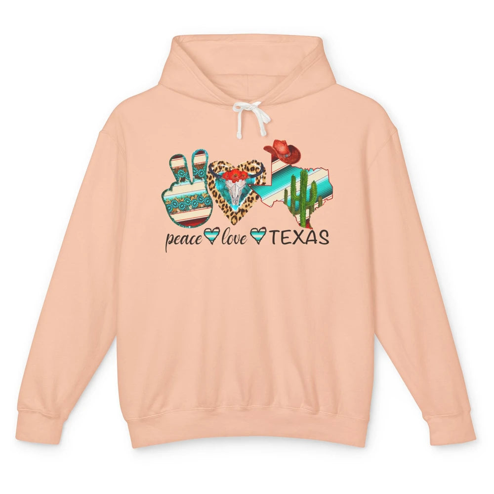 Peace Love Texas Cow Skull Western Country Cowboy Hat Cactus Unisex Lightweight Hoodie