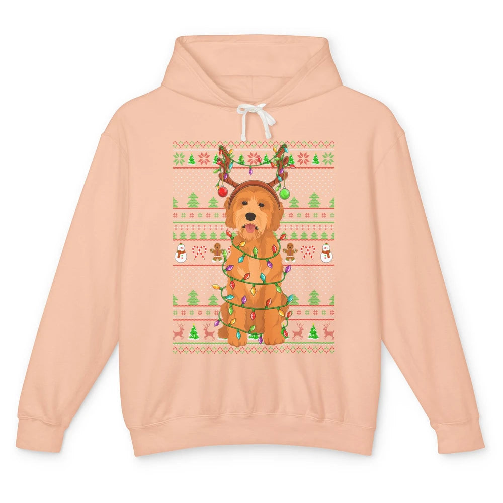 Merry Christmas Golden Doodle Dog Reindeer Xmas Lights Ugly Unisex Lightweight Hoodie