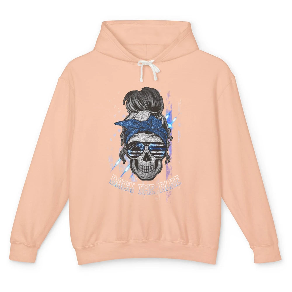 Back The Blue Police American Flag Skull Lady 4th of July Unisex Lightweight Hoodie