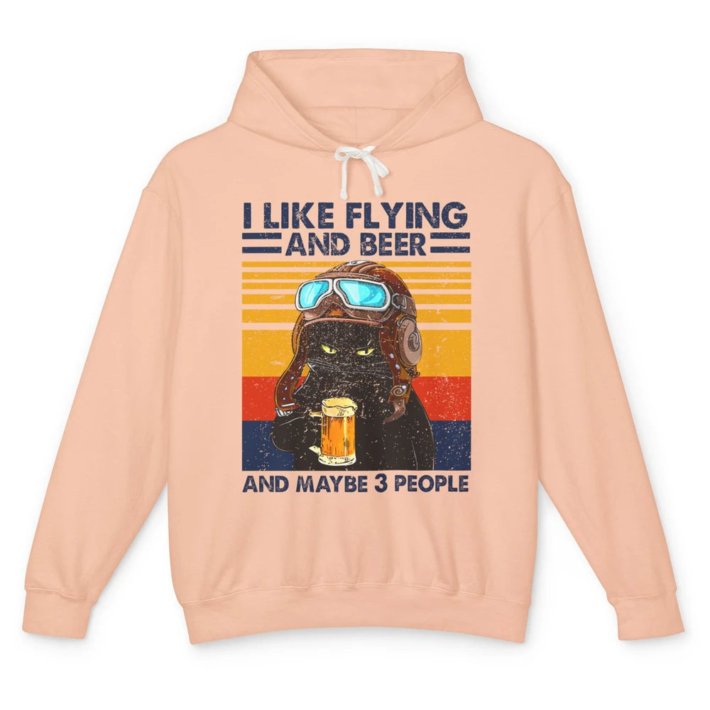 Funny Black Cat Skydiving I Like Flying Beer Maybe 3 People Unisex Lightweight Hoodie