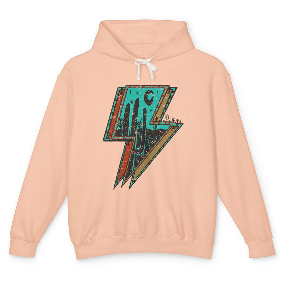 Retro Desert Cactus Night Turquoise Lightning Bolt Western Unisex Lightweight Hoodie