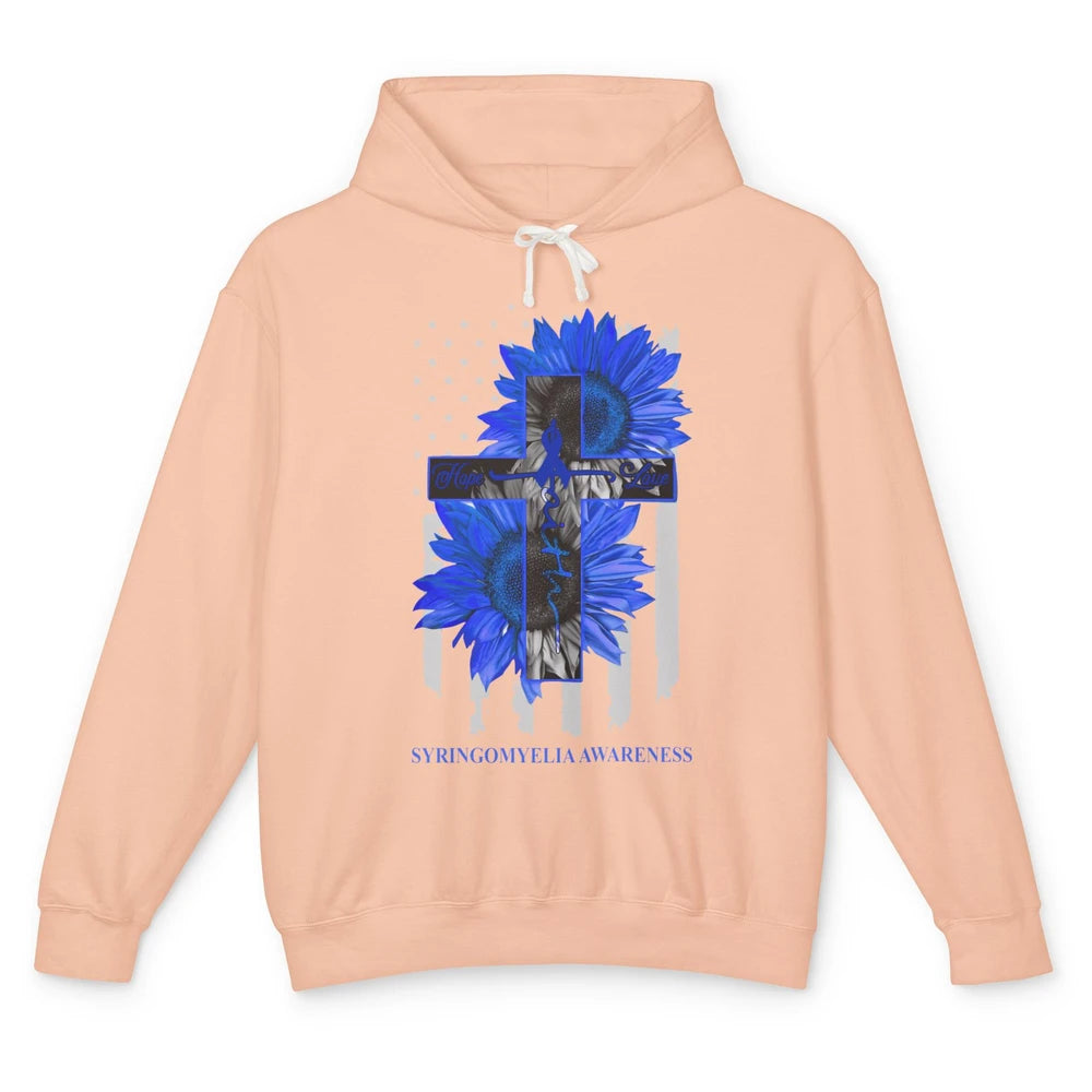 Syringomyelia Awareness Faith Hope Love Blue Ribbon US Flag Unisex Lightweight Hoodie