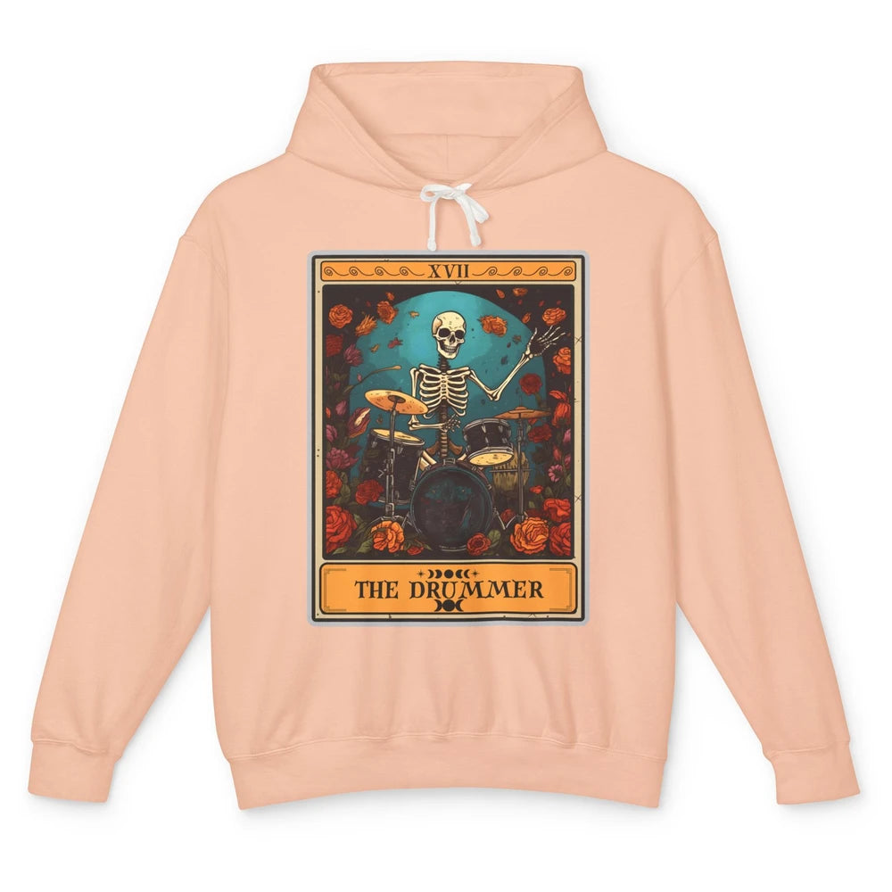 Retro Skeleton The Drummer Tarot Card Halloween Drumming Unisex Lightweight Hoodie