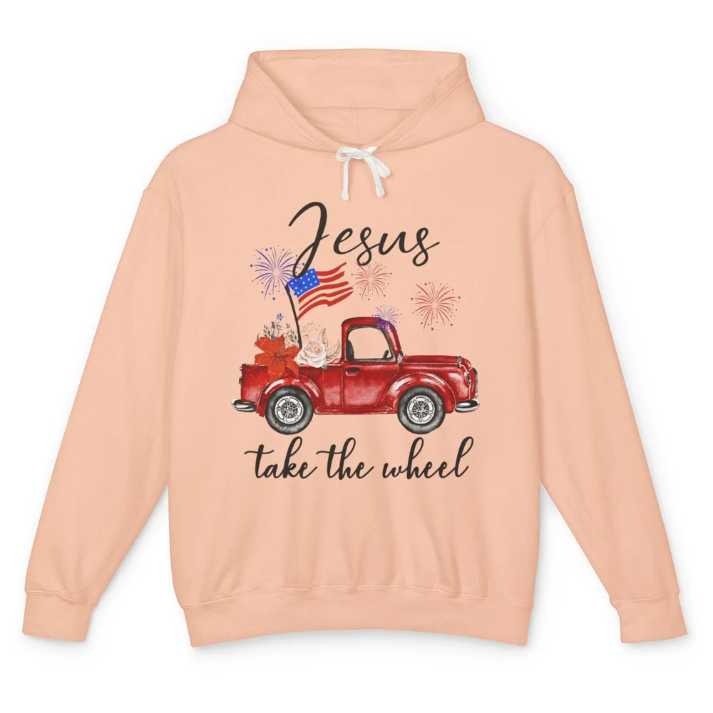 4th Of July Jesus Take The Wheel Red Truck Watercolor God Unisex Lightweight Hoodie