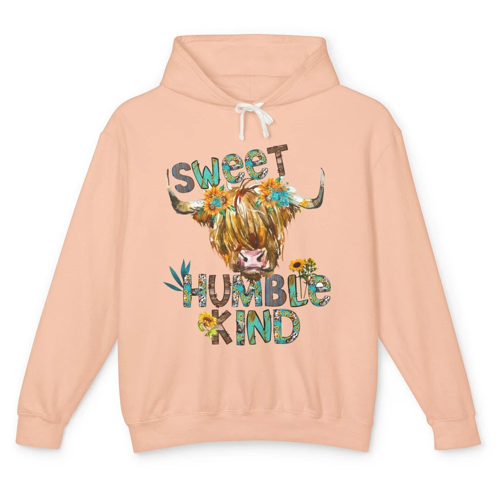 Highland Cow Sunflower Sweet Humble Kind Western Country Unisex Lightweight Hoodie