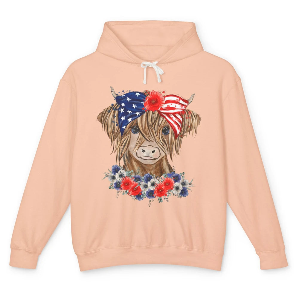 Funny Heifer Highland Cow Bandana America Flag 4th Of July Unisex Lightweight Hoodie