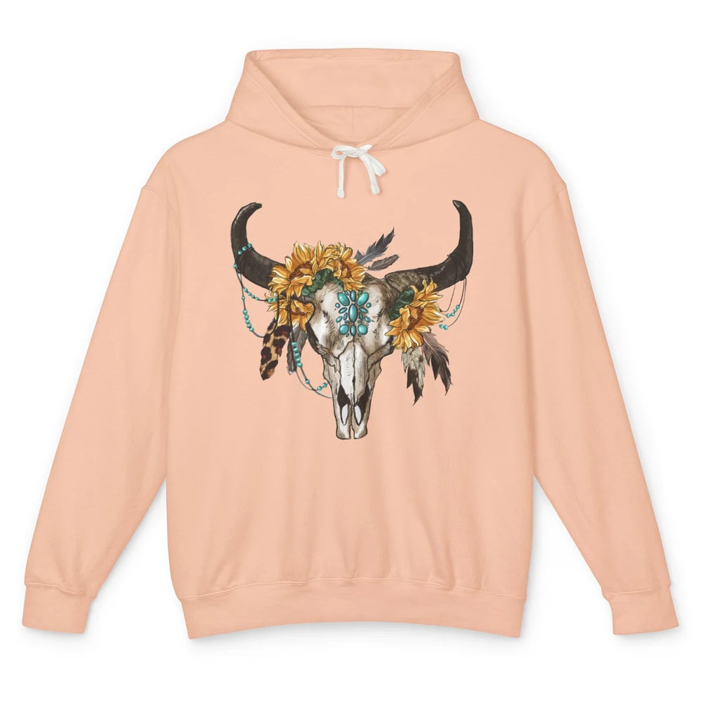 Retro Sunflower Boho Bull Skull Western Country Cowgirl Gift Unisex Lightweight Hoodie