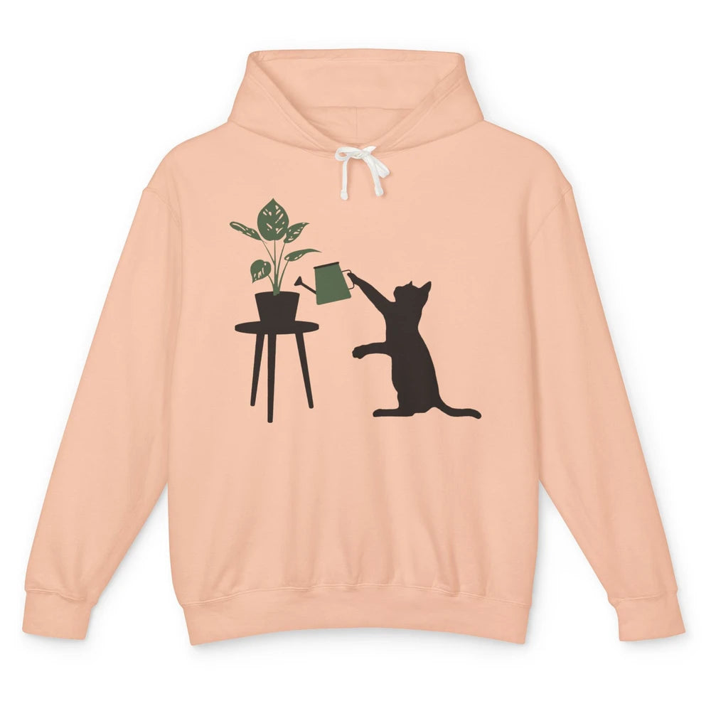 Black Cat Watering Plant Cat Gardening Planting Cat Lovers Unisex Lightweight Hoodie