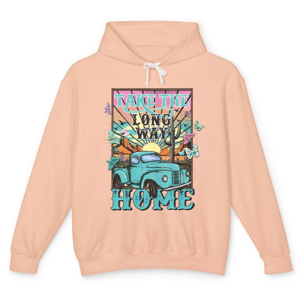 Retro Mountain Sunset Take The Long Way Home Western Country Unisex Lightweight Hoodie