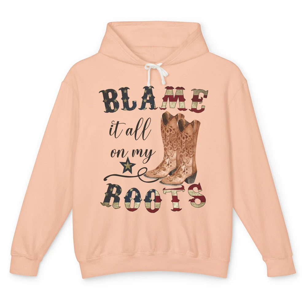 Retro US Flag Cowboy Boots Blame It All On My Roots Western Unisex Lightweight Hoodie