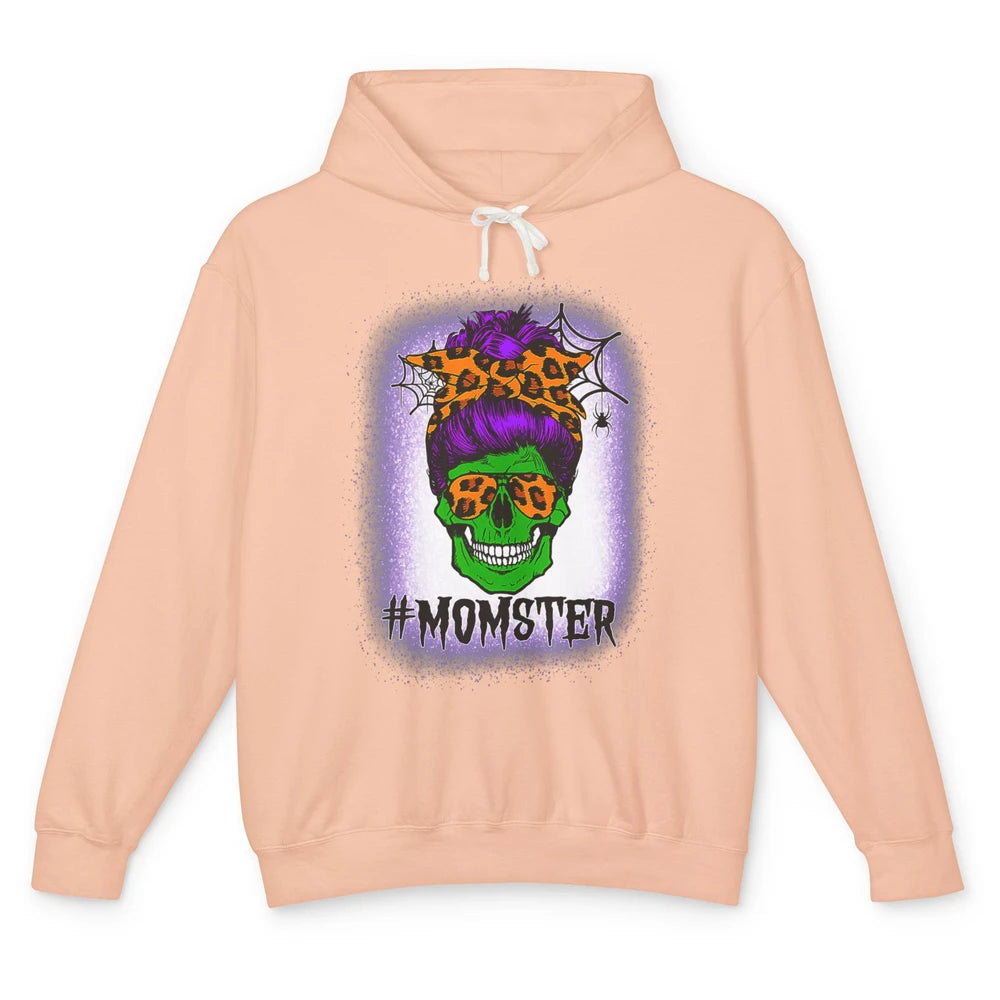 Retro Momster Messy Bun Skull Mom Halloween Spooky Mama Goth Unisex Lightweight Hoodie