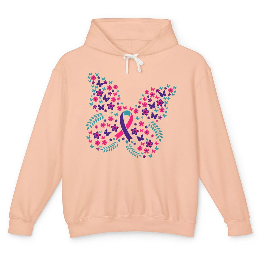 Floral Butterfly Teal Pink Warrior Thyroid Cancer Awareness Unisex Lightweight Hoodie