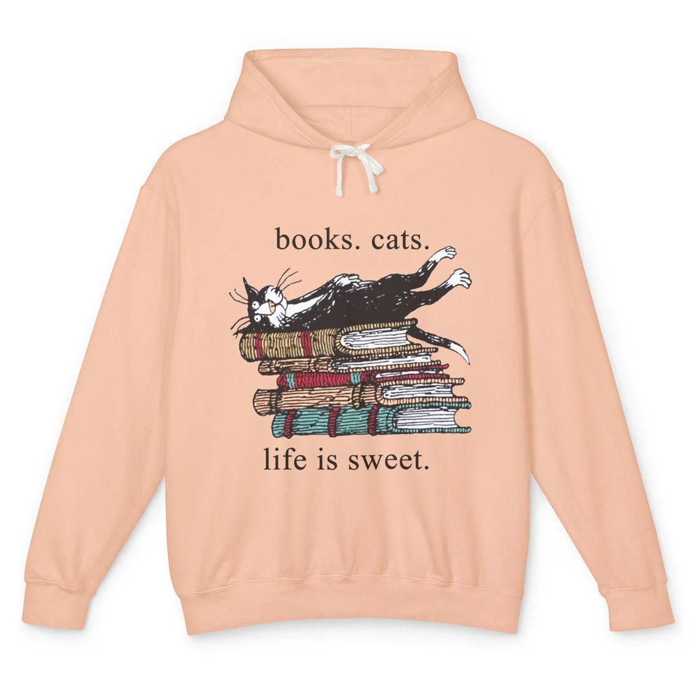 Books Cats Life Is Sweet Cat Book Lovers Reading Book Unisex Lightweight Hoodie