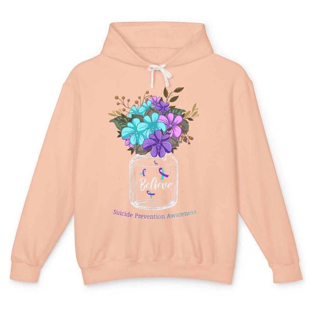 Cute Believe Flower Ribbon Support Suicide Prevention Month Unisex Lightweight Hoodie