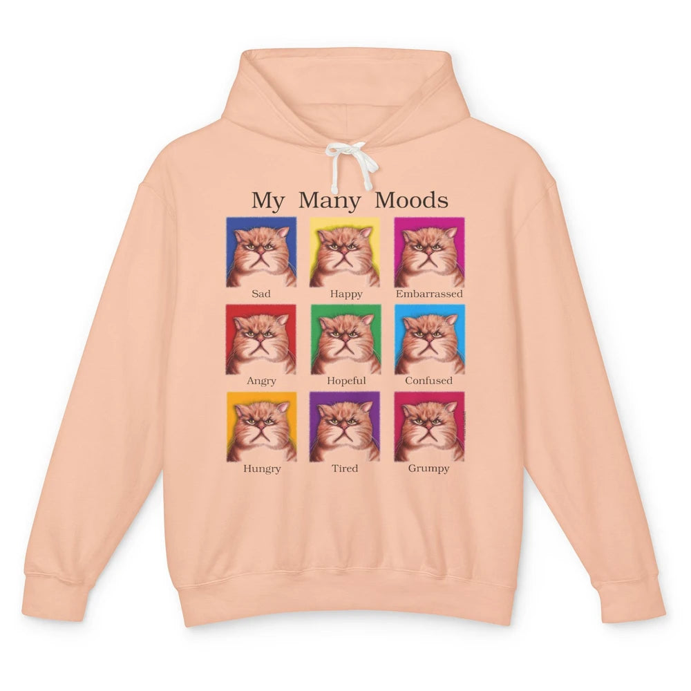 Funny My Many Moods Orange Cat Grumpy Face Kitten Pet Mom Unisex Lightweight Hoodie