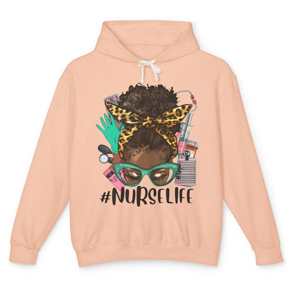 Afro Nurse Messy Bun Hair Black Melanin Nurse Life Leopard Unisex Lightweight Hoodie