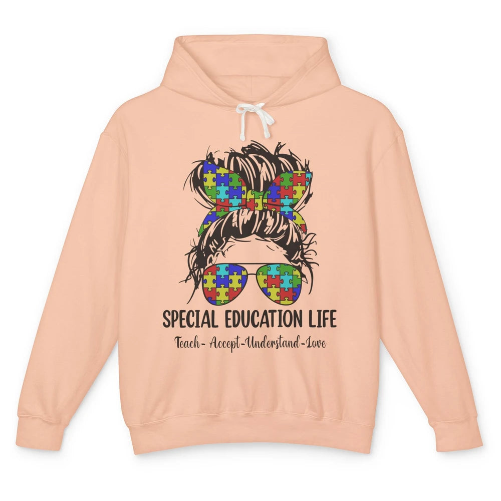 Special Education Teacher Messy Bun Autism Teach Accept Love Unisex Lightweight Hoodie