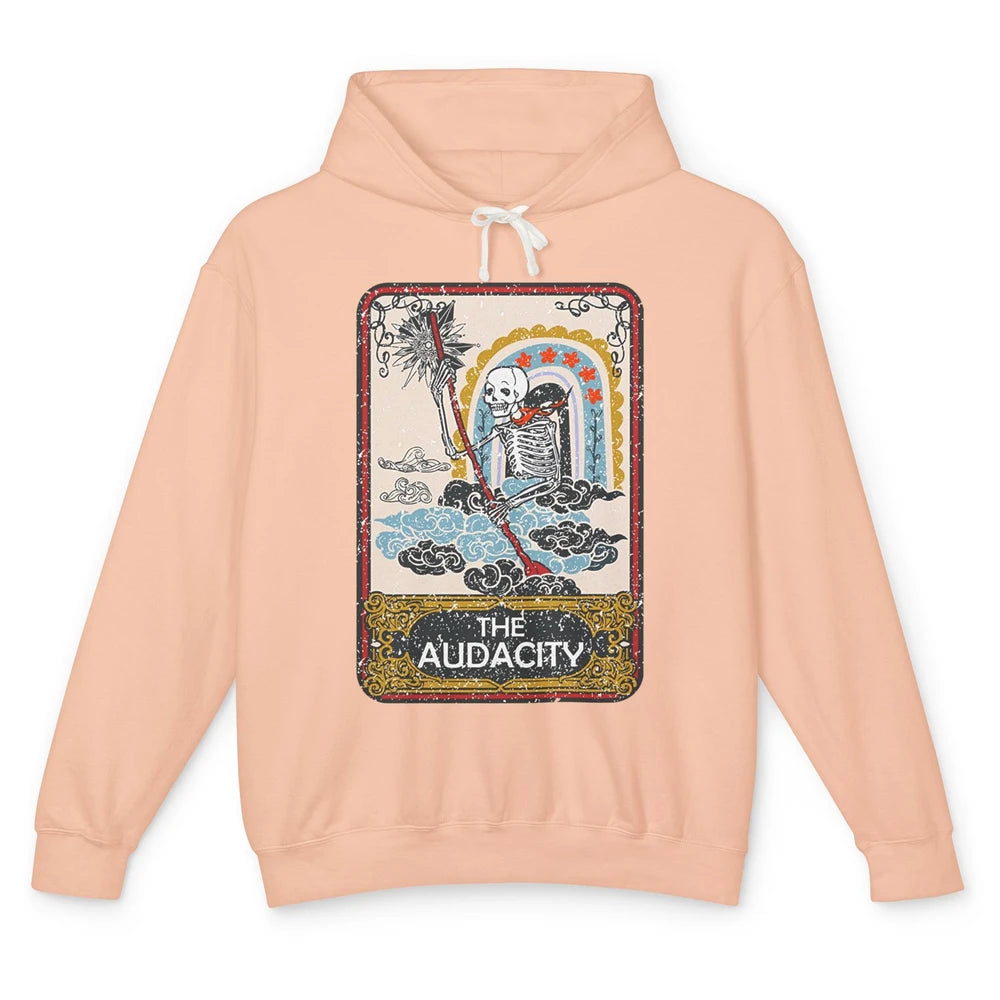 Retro Skeleton Riding Clouds Rainbow The Audacity Tarot Card Unisex Lightweight Hoodie