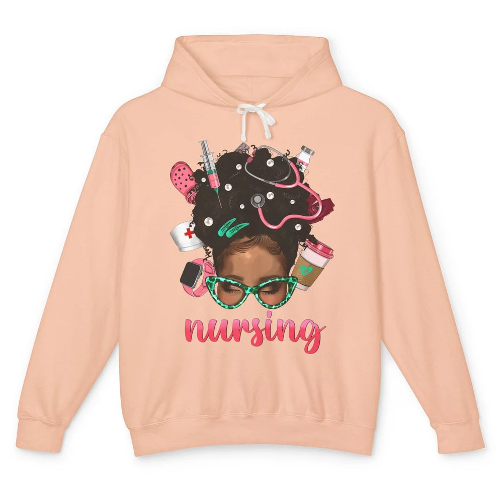 Afro Black Woman Nurse Life Nursing Therapist Messy Hair Bun Unisex Lightweight Hoodie