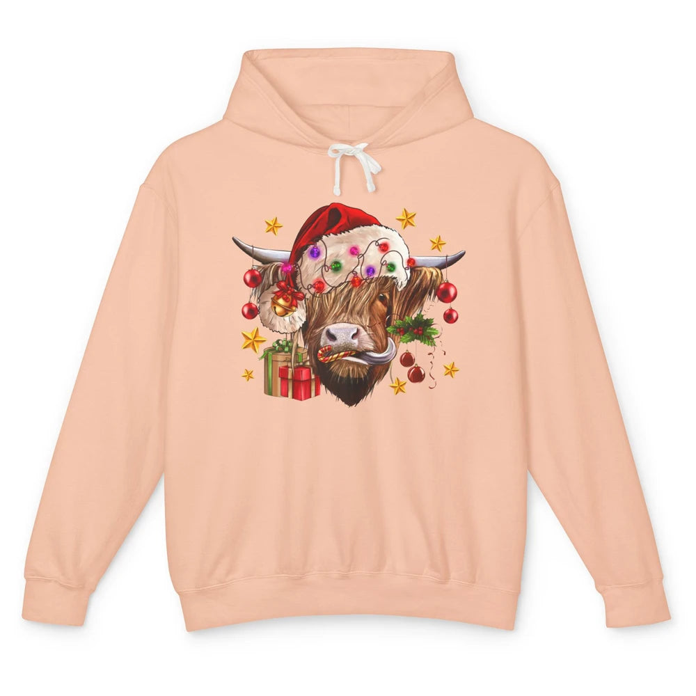 Highland Cow Joy Santa Hat Christmas Ornament Western Farm Unisex Lightweight Hoodie