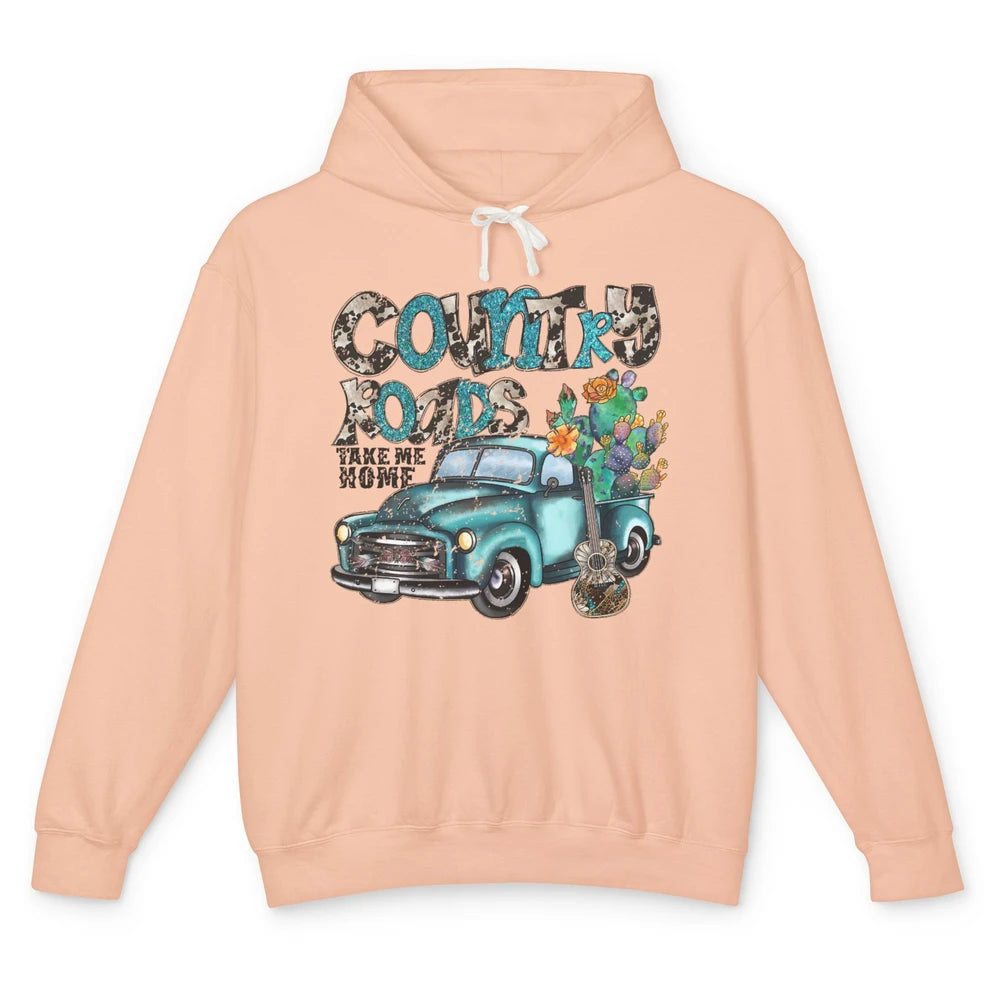 Cowhide Cactus Truck Country Roads Take Me Home Western Girl Unisex Lightweight Hoodie