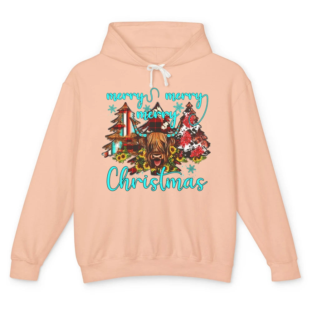 Highland Cow Merry Christmas Heifer Western Country Cowboy Unisex Lightweight Hoodie