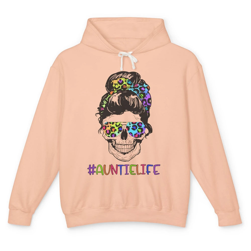 Leopard Messy Bun Skull Rainbow Auntie Life Aunt Mothers Day Unisex Lightweight Hoodie