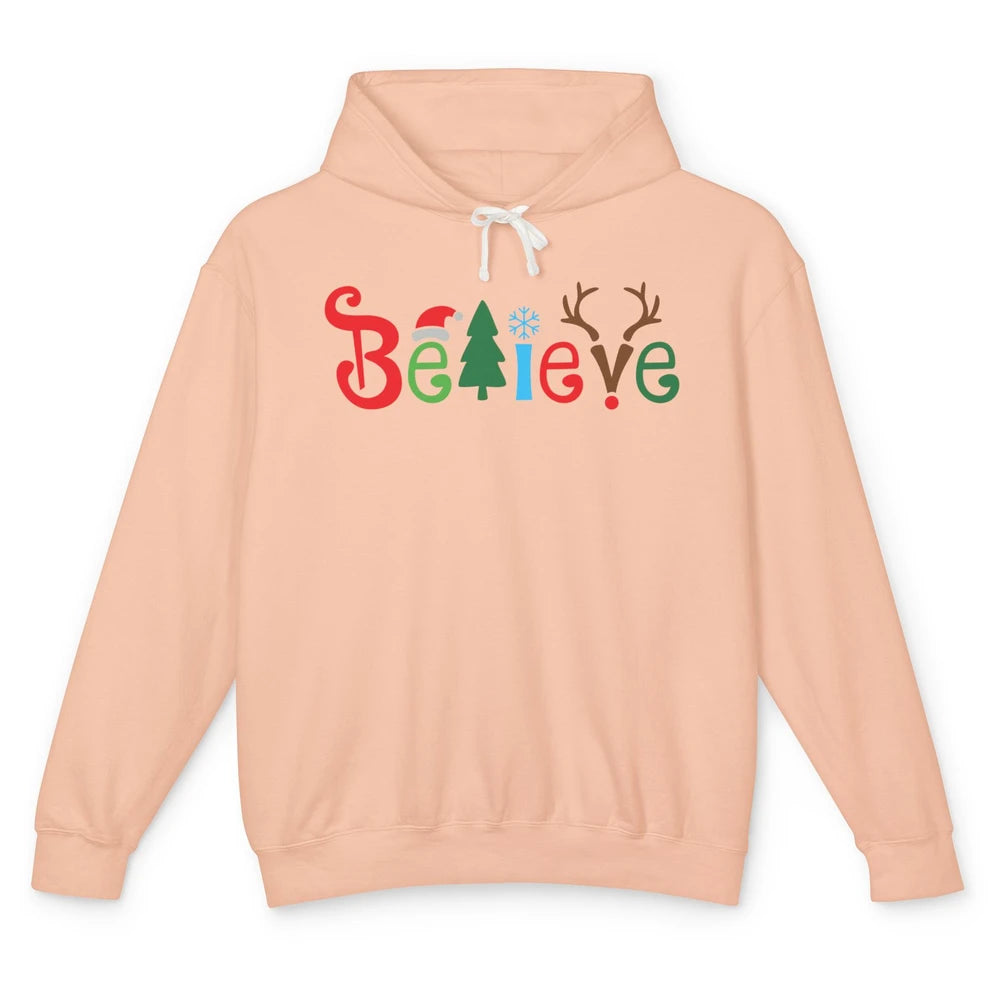 Funny Santa Claus Hat Believe Snowflakes Christmas Costume Unisex Lightweight Hoodie